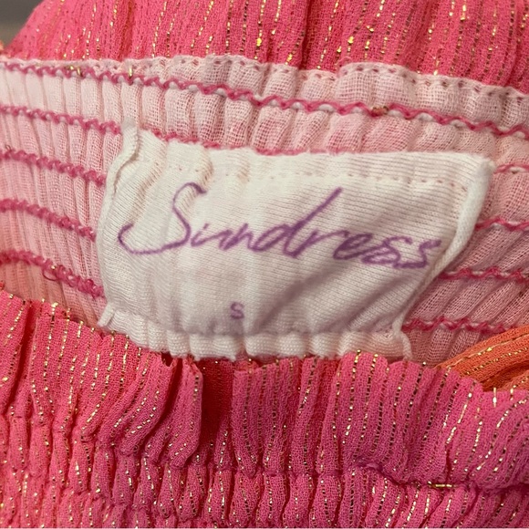 Sundress Melina Metallic Stripe Smocked Babydoll Midi Dress Marbella Pink Orange - Picture 5 of 9